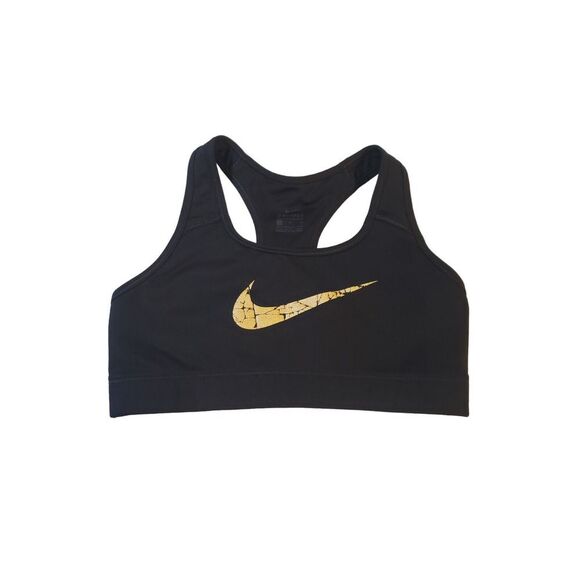 Nike Sports Bra Womens Small Dri-Fit  Black Gold Swoosh Criss Cross Back Workout - Picture 1 of 12